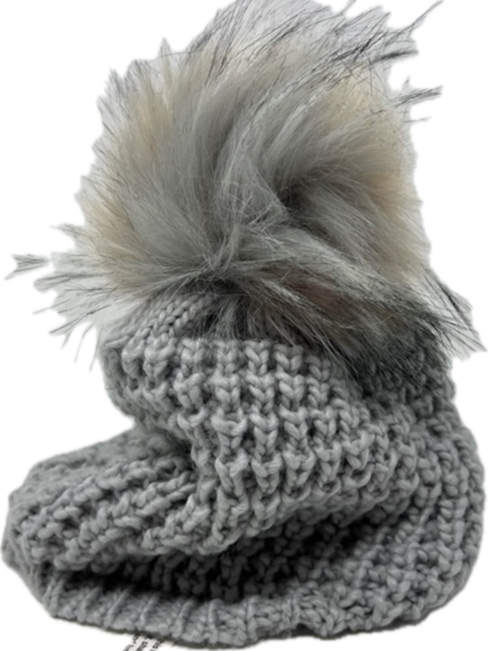 Kyi Kyi Canada Grey Wool Blend Knit Beanie With Pom Pom Faux Fur